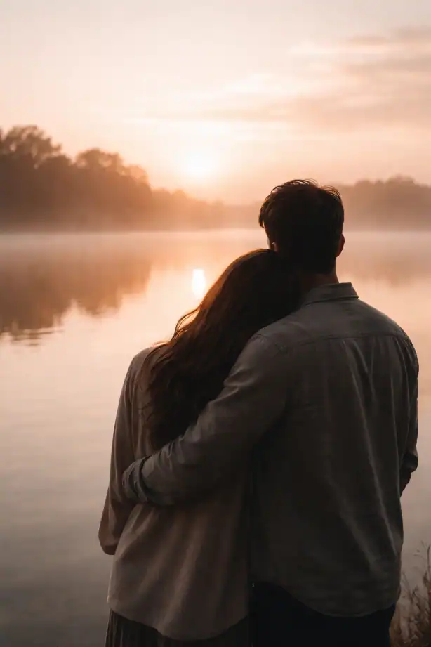 “Couple silhouette at sunrise symbolising calm, emotionally aligned love”